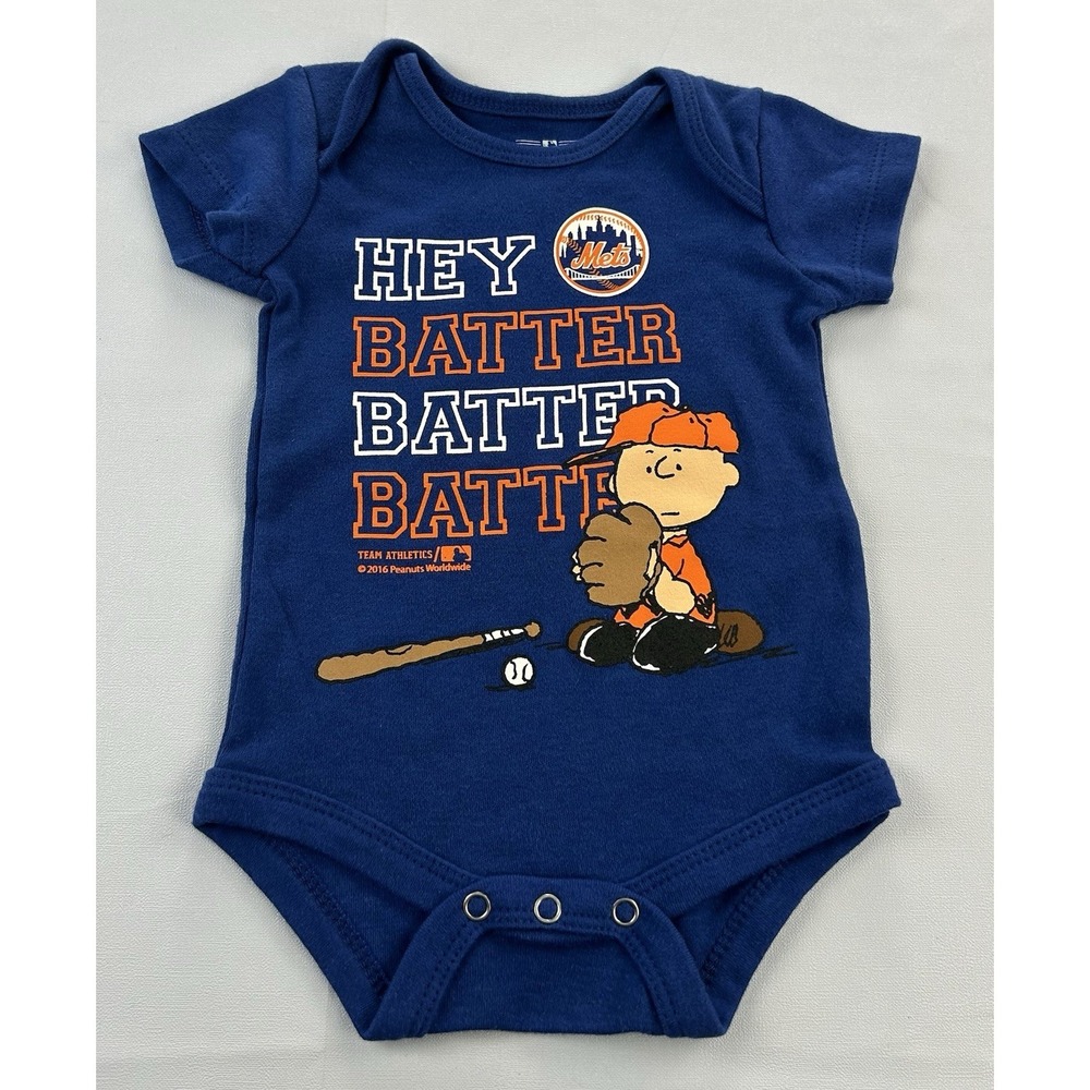 New York Mets Charlie Brown Hey Batter Baby Bodysuit 0-3M Blue MLB Infant Snoopy